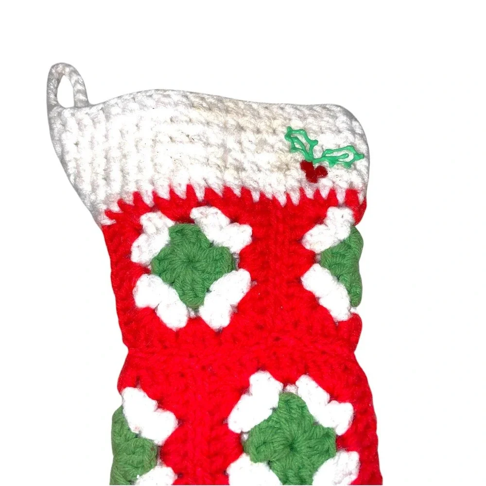 Granny Square Handmade Crocheted CHRISTMAS STOCKING Green Red White 17